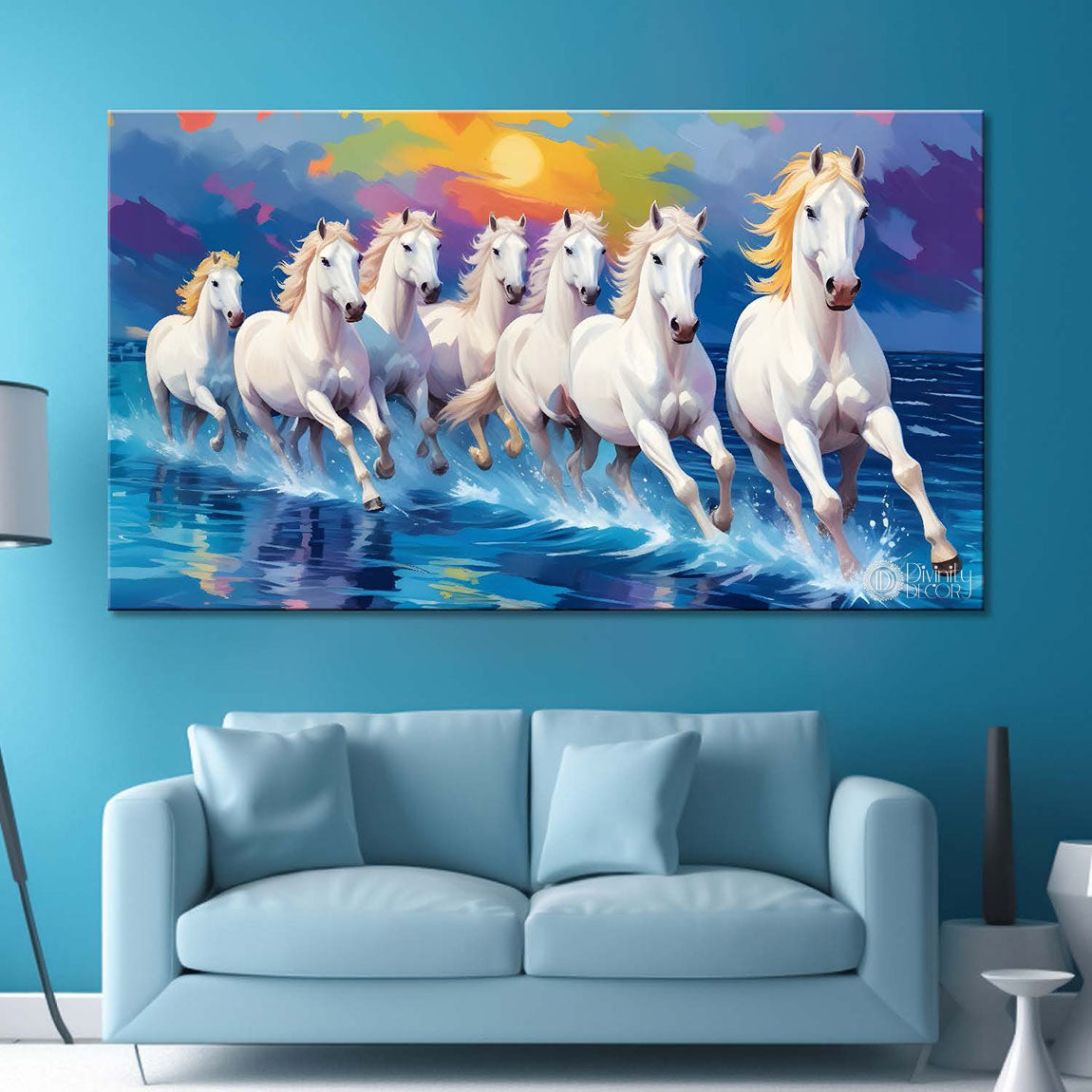 White running horses on the water with colorful textured background art Canvas Painting - Design - Horse-14
