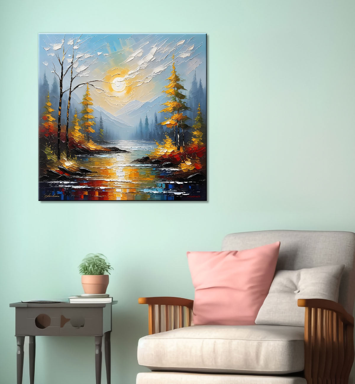 Yellow trees with mountains , sun and lake in textured natural art Canvas Painting 24X24 - Nature Art -S-14