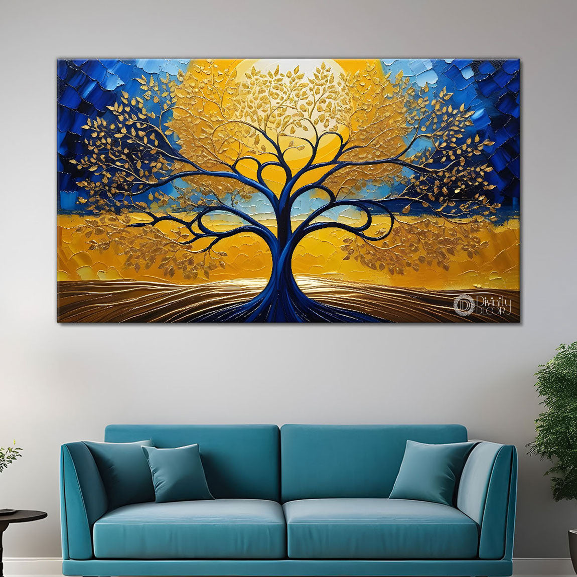 Blue branch with golden leaf tree in textured modern art Canvas Painting - Design - Tree-14