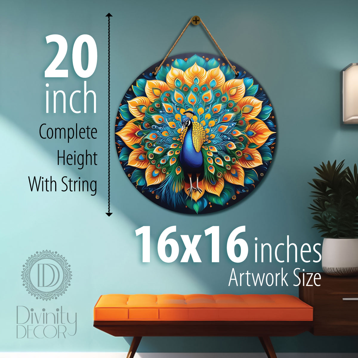 Peacock in green and golden mandala Round Wooden Wall Hanging for wall Décor - Design - 14