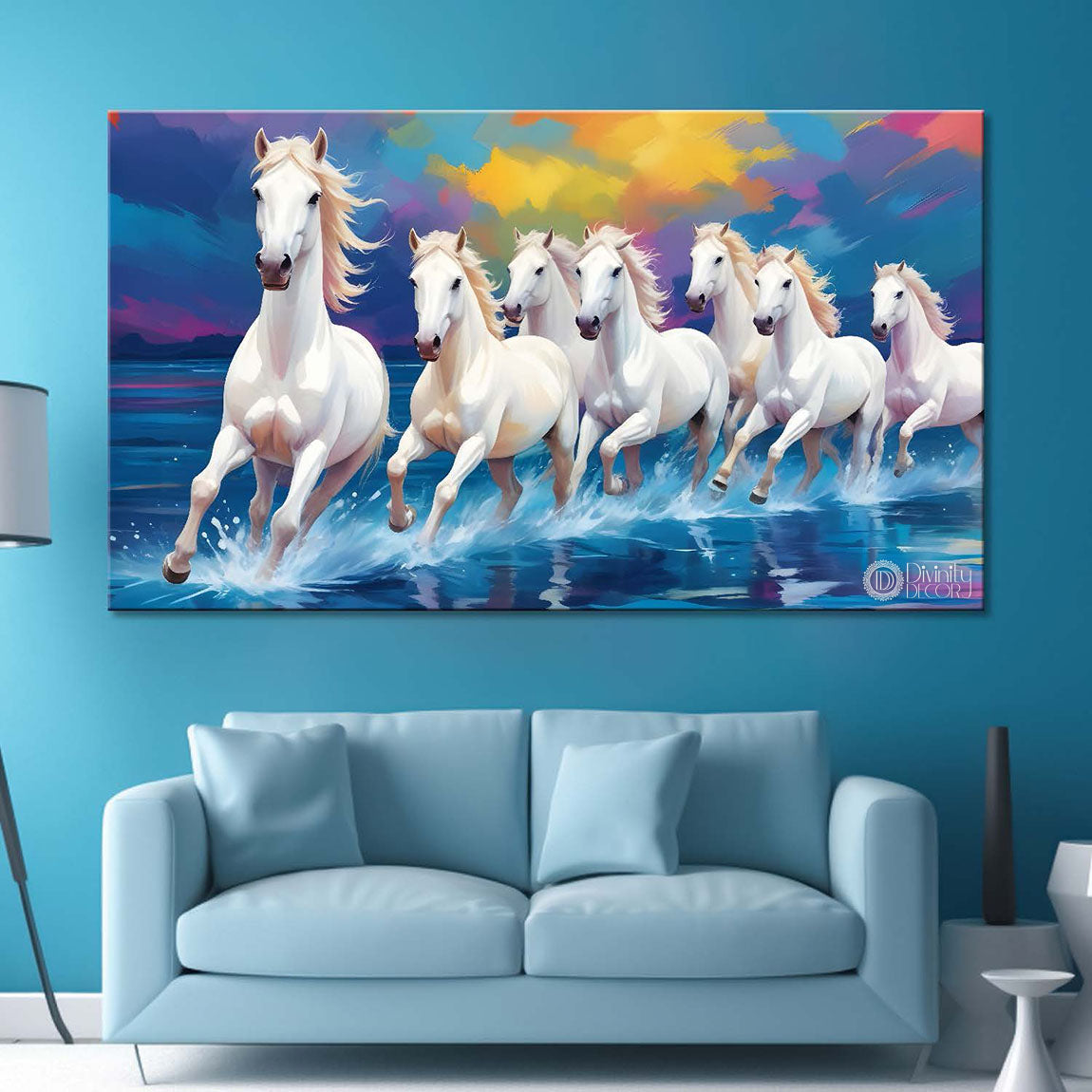 White running horses on the water with colorful textured background art Canvas Painting - Design - Horse-15
