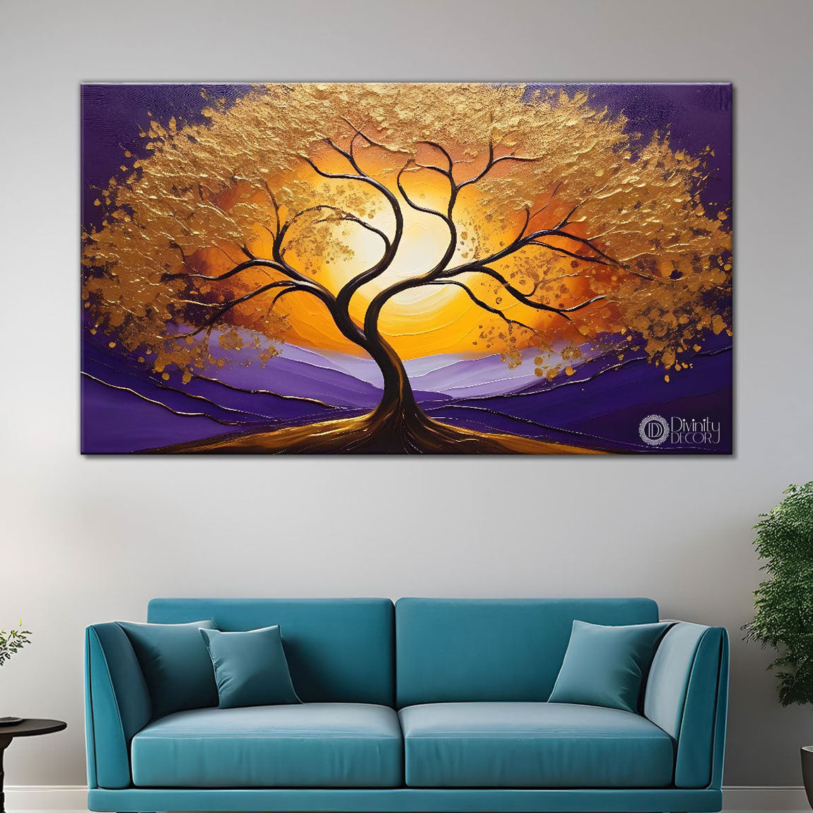 Golden tree in purple textured background modern art Canvas Painting - Design - Tree-15