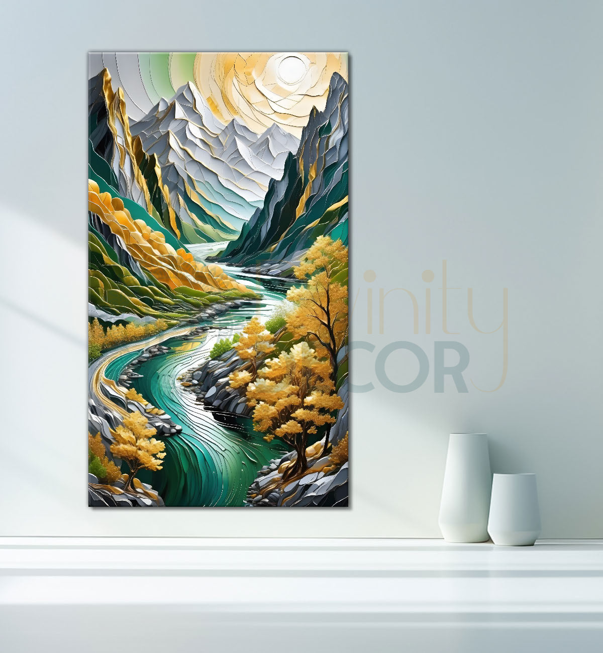 Green mountains with golden treesand white moon textured natural art Canvas Painting - Nature Art -V-15
