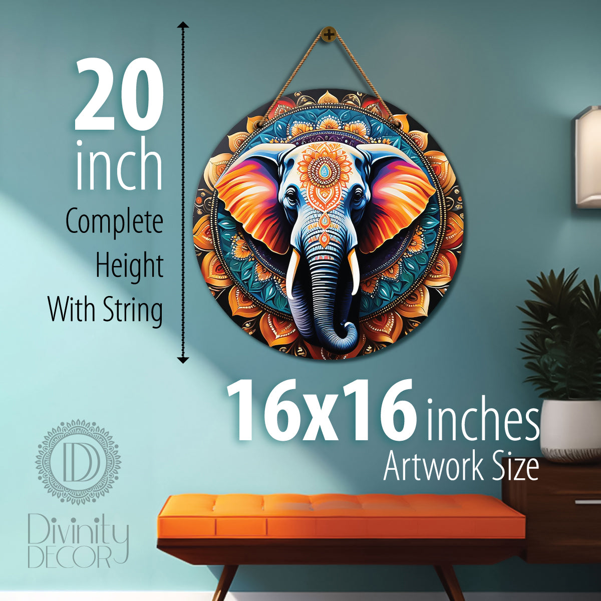 Elephant in orange and green mandala Round Wooden Wall Hanging for wall Décor - Design - 15