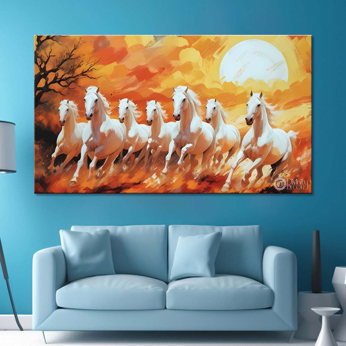 White running horses with tree and sun in yellow textured background art Canvas Painting - Design - Horse-16
