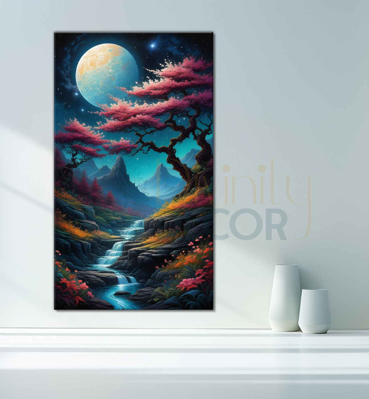 Spring tree wtih blue sly and moon textured natural art Canvas Painting - Nature Art -V-16