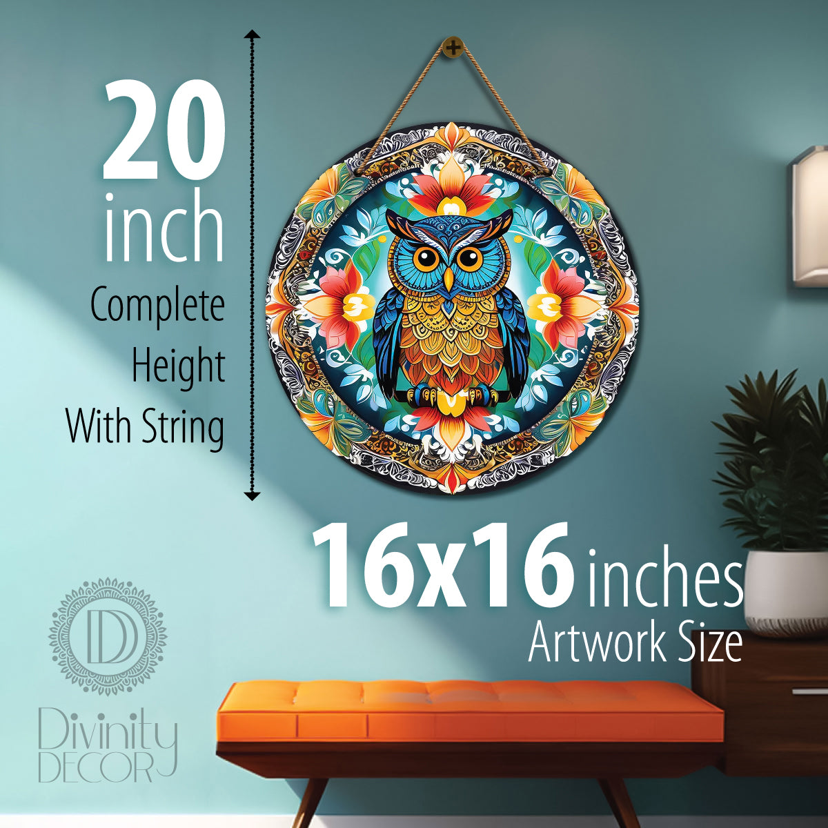 Owl in red and floral mandala Round Wooden Wall Hanging for wall Décor - Design - 16