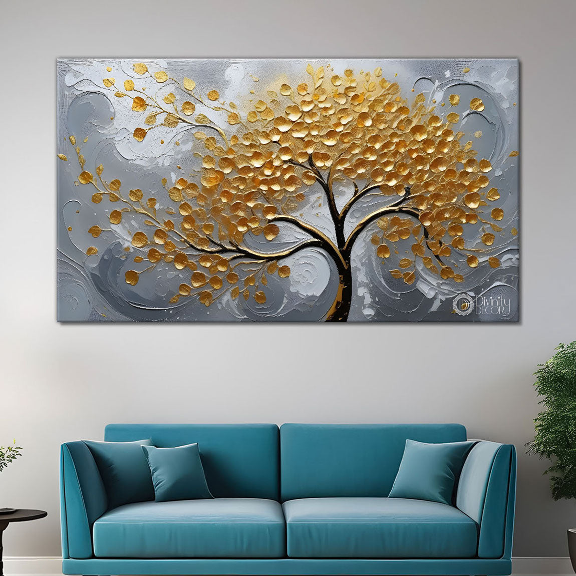 Golden tree with grey textured modern art Canvas Painting - Design - Tree-16