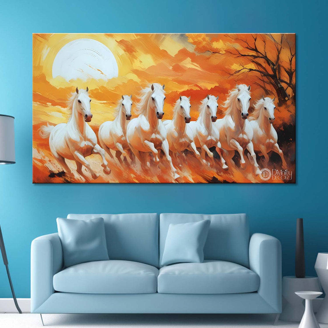 White running horses with tree and sun in yellow textured background art Canvas Painting - Design - Horse-17