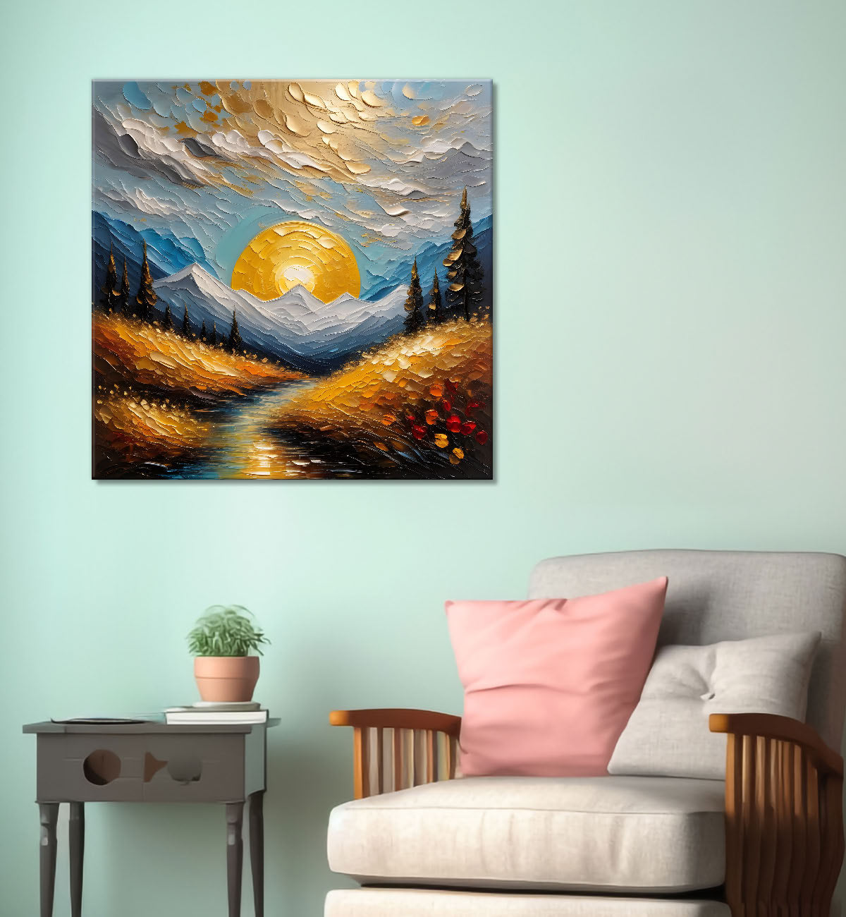 Mountians and lake with sunrise background painting Canvas Painting 24X24 - Nature Art -S-17