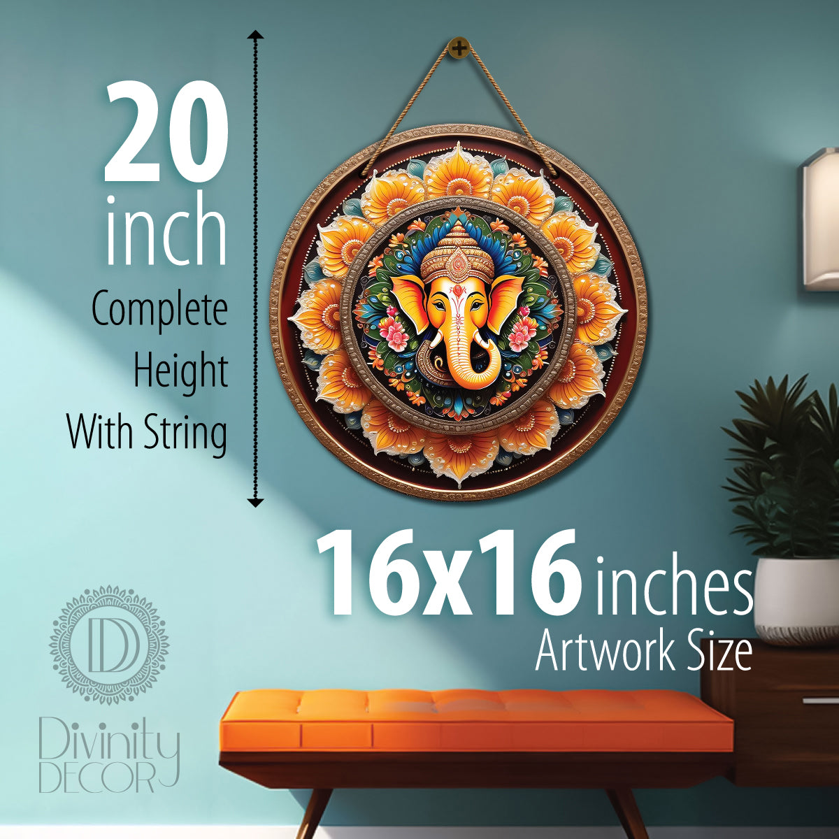 Ganesh Ji in orange and golden mandala Round Wooden Wall Hanging for wall Décor - Design - 17
