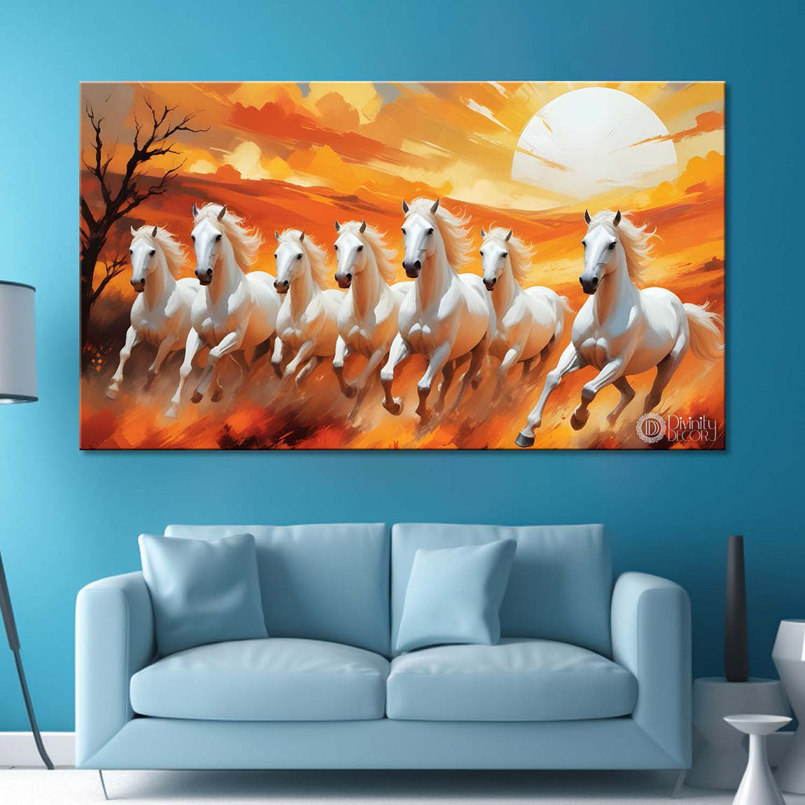 White running horses with tree and sun in yellow textured background art Canvas Painting - Design - Horse-18