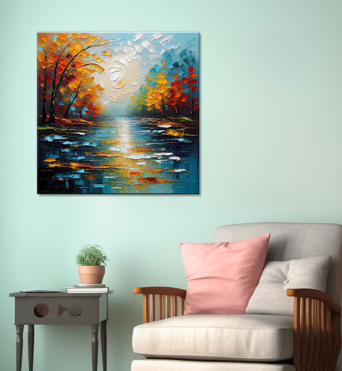 Red-orange tree with colourful lake natural art Canvas Painting 24X24- Nature Art -S-18