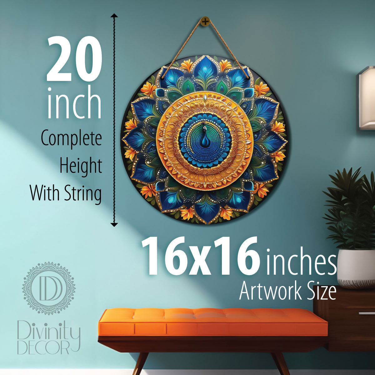 Peacock in blue and golden mandala Round Wooden Wall Hanging for wall Décor - Design - 18