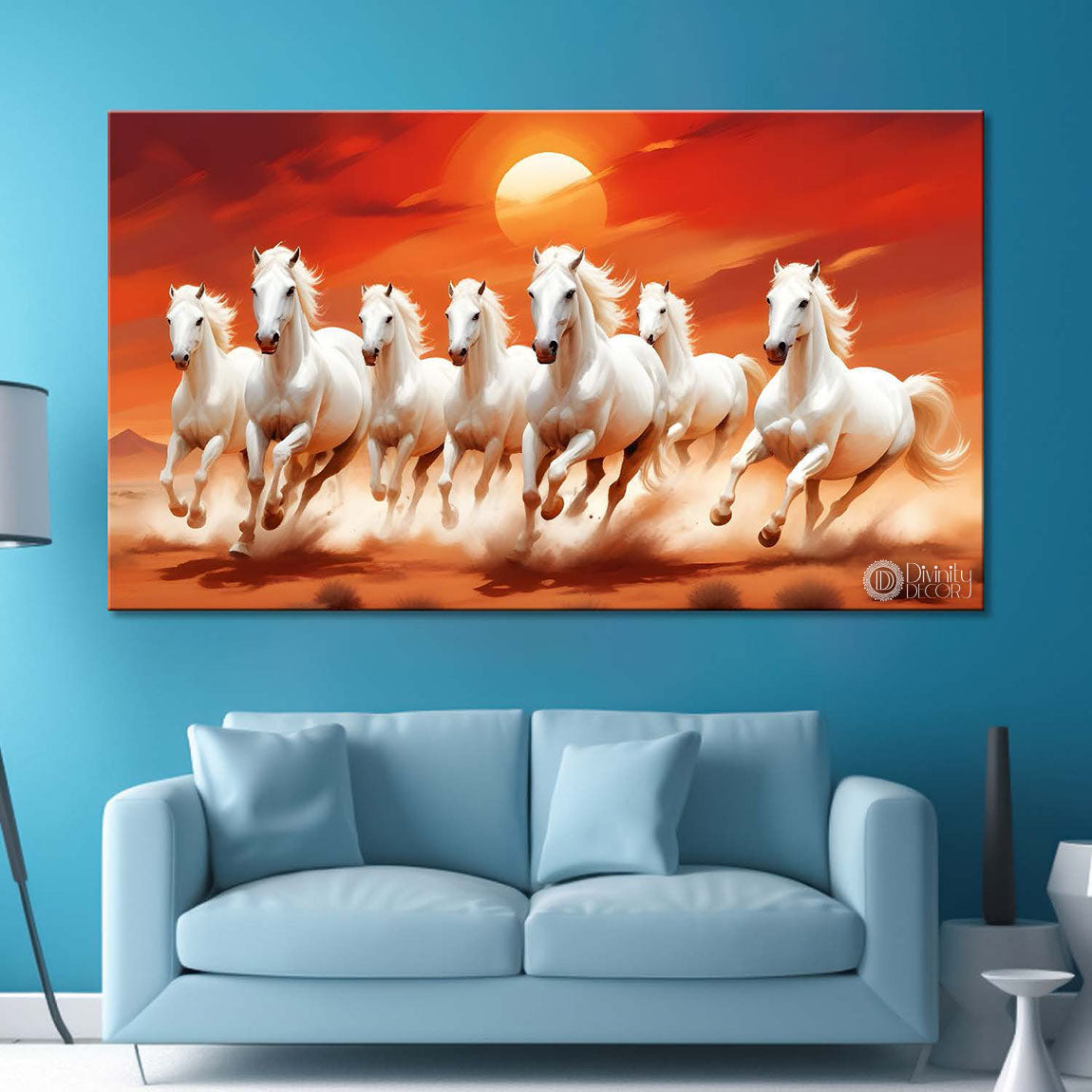 White running horses with sun in red textured background art Canvas Painting - Design - Horse-19