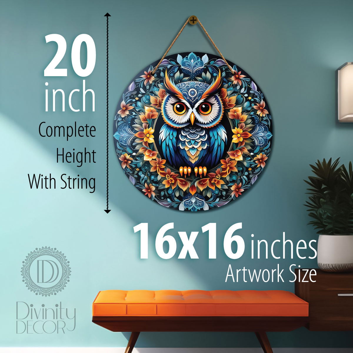 Owl in blue and golden mandala Round Wooden Wall Hanging for wall Décor - Design - 19