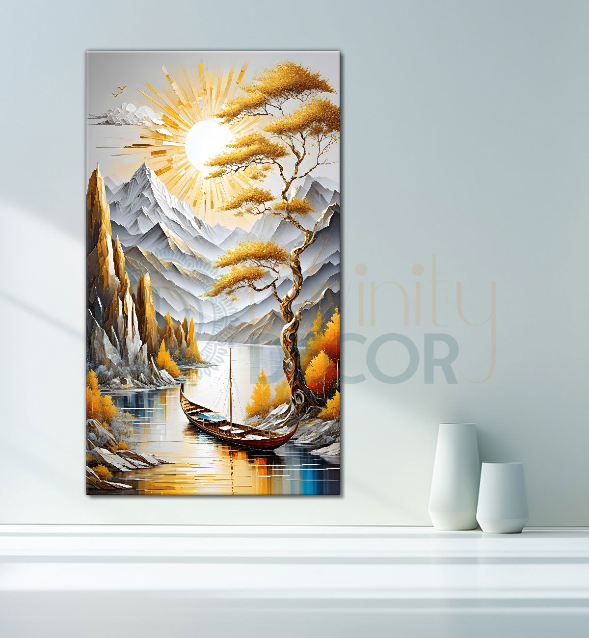 White mountains with golden trees and lake textured natural art Canvas Painting - Nature Art -V-19