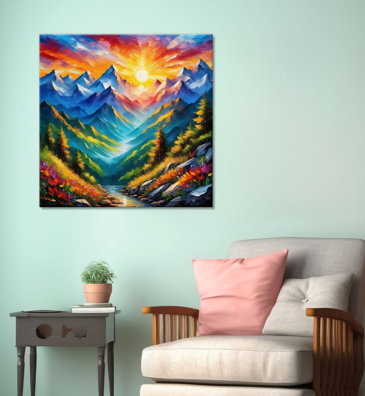 Mountains with greenery in sunrise textured painting Canvas Painting 24X24- Nature Art -S-19