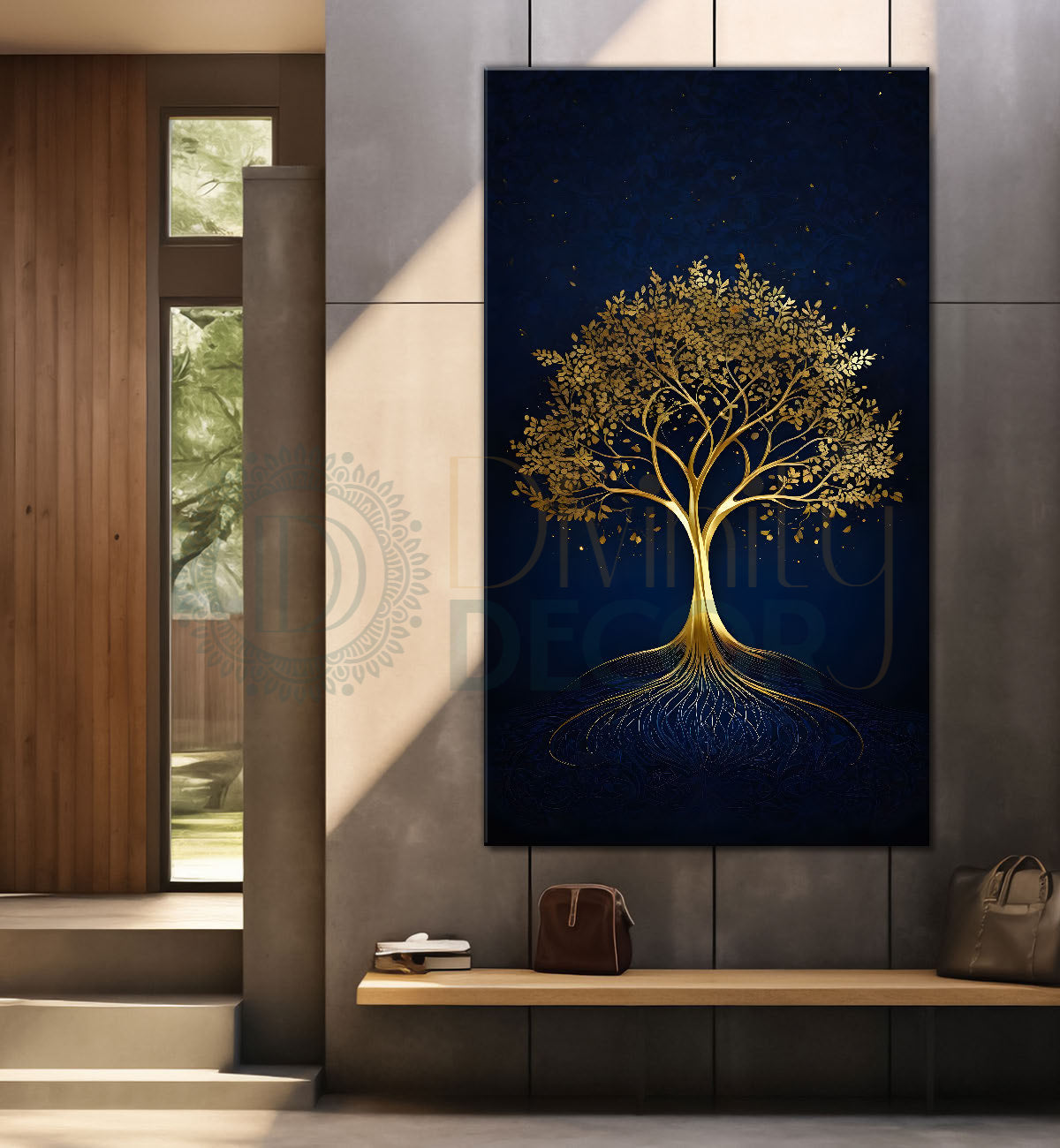 Golden tree in dark blue texutred background modern art Canvas painting - Tree-V-1