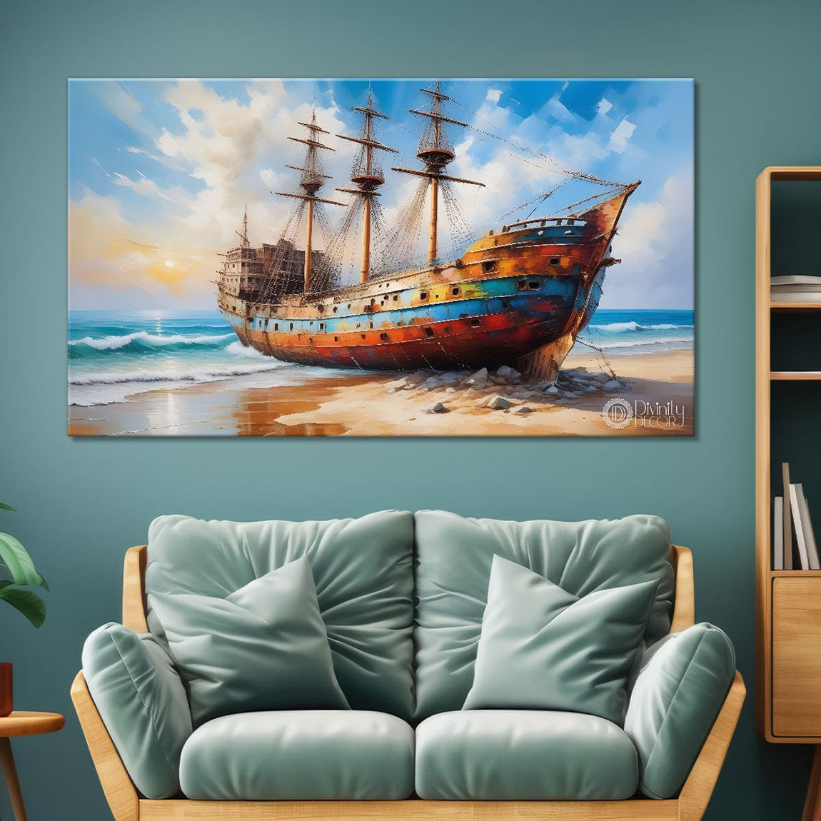 Ship in ocean textured modern art canvas painting - Design - River-2