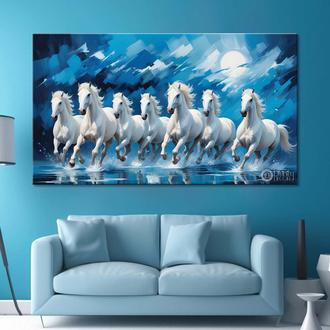 White running horses with moon in blue textured background art Canvas Painting - Design - Horse-20
