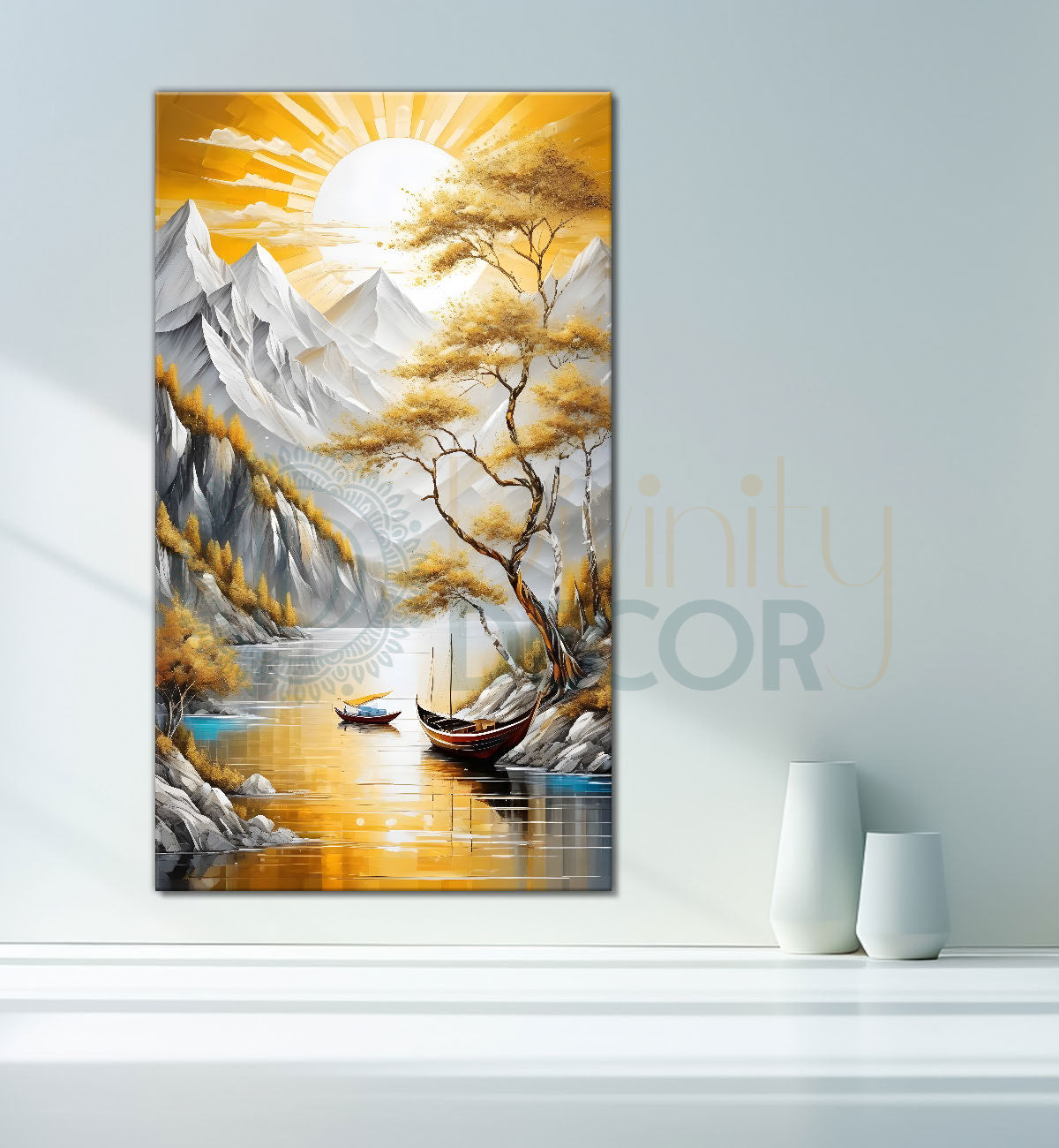 White mountains with golden trees and lake textured natural art Canvas Painting - Nature Art -V-20