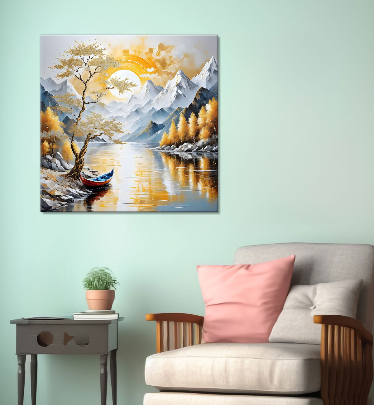 Golden tree with river and mountains in light background painting Canvas Painting 24X24 - Nature Art -S-20