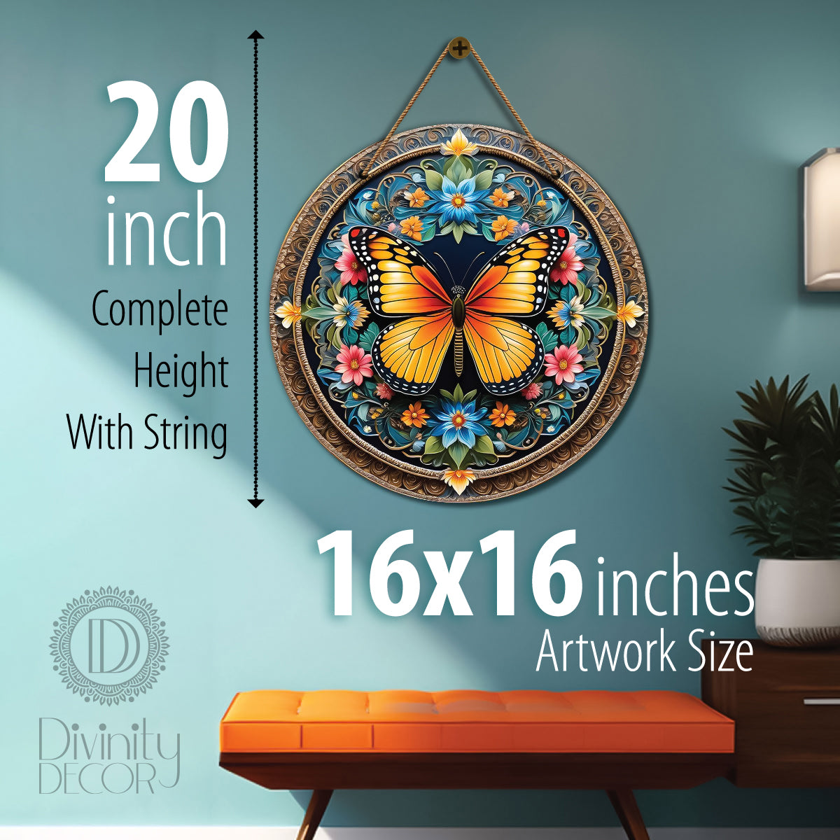 Yellow butterfly in golden and floral mandala Round Wooden Wall Hanging for wall Décor - Design - 20