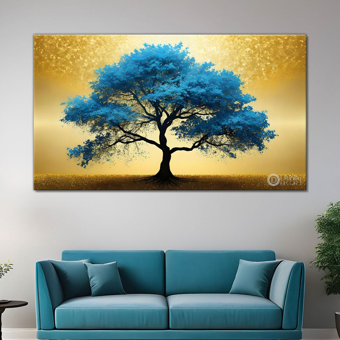 Aqua color tree in golden textured background modern art Canvas Painting - Design - Tree-20