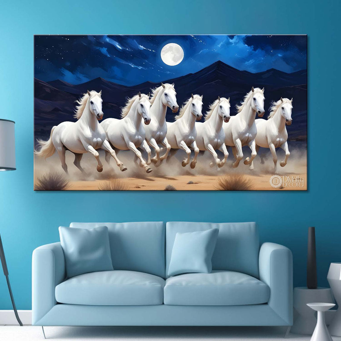 white horses with mountains and moon with blue sky textured background art Canvas Painting - Design - Horse-21