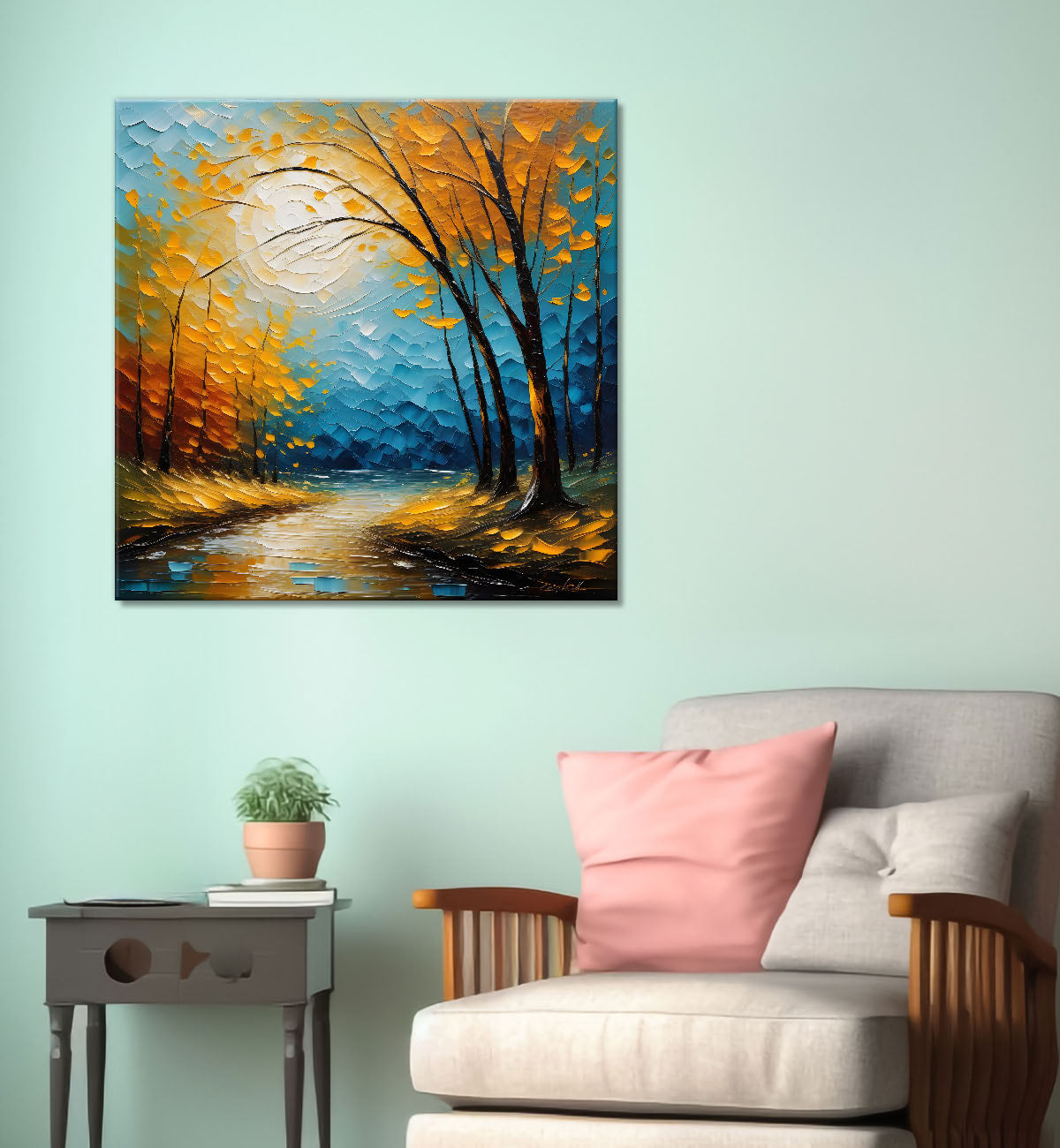 Orange tree with sun in blue textured background Canvas Painting 24X24- Nature Art -S-21