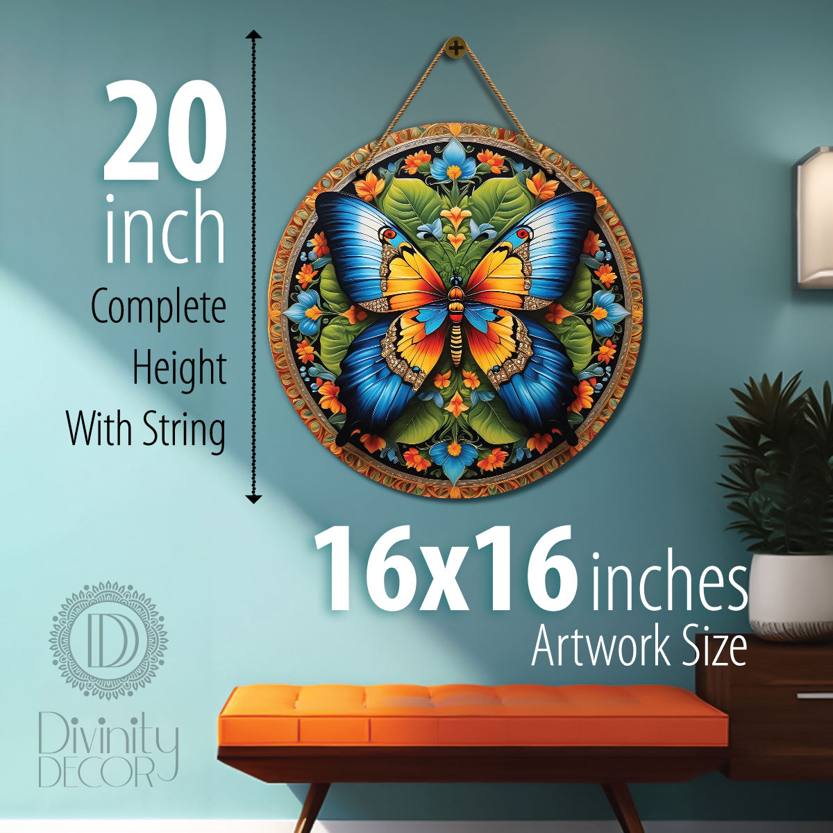 Yellow and blue butterfly in floral mandala Round Wooden Wall Hanging for wall Décor - Design - 21