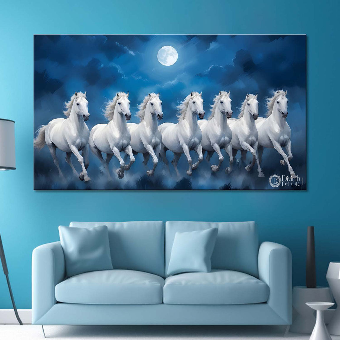 White horses running with moon in cloudy and blue textured background art Canvas Painting - Design - Horse-22
