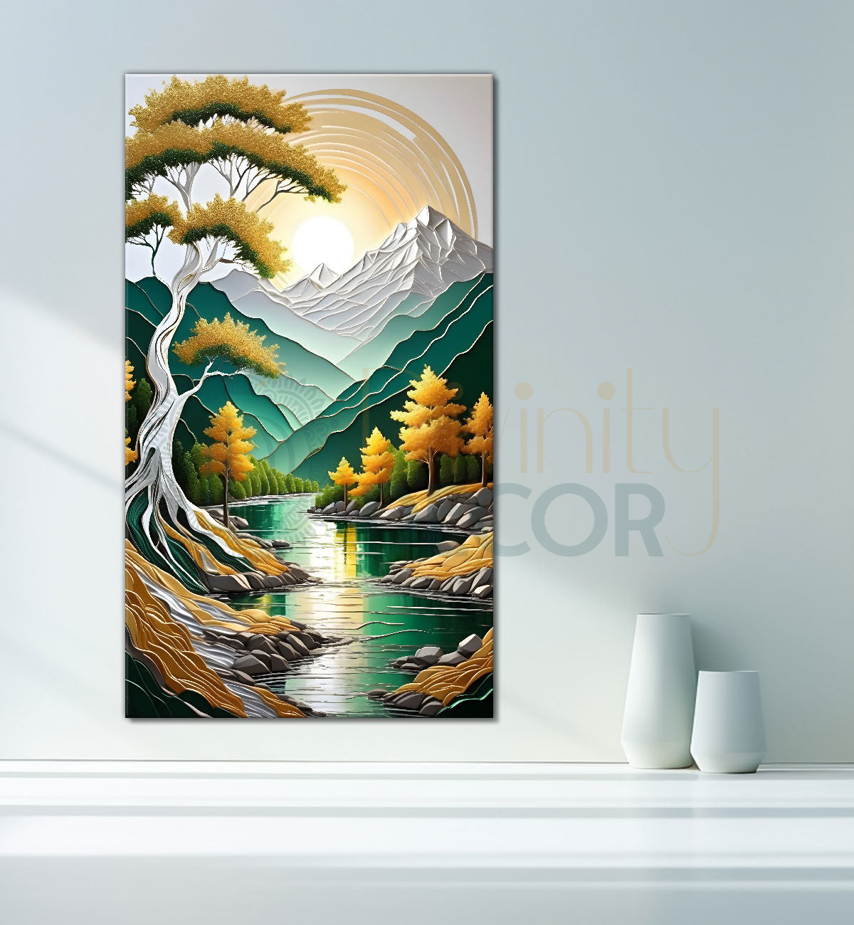 Green mountains with golden treesand white moon textured natural art Canvas Painting - Nature Art -V-22
