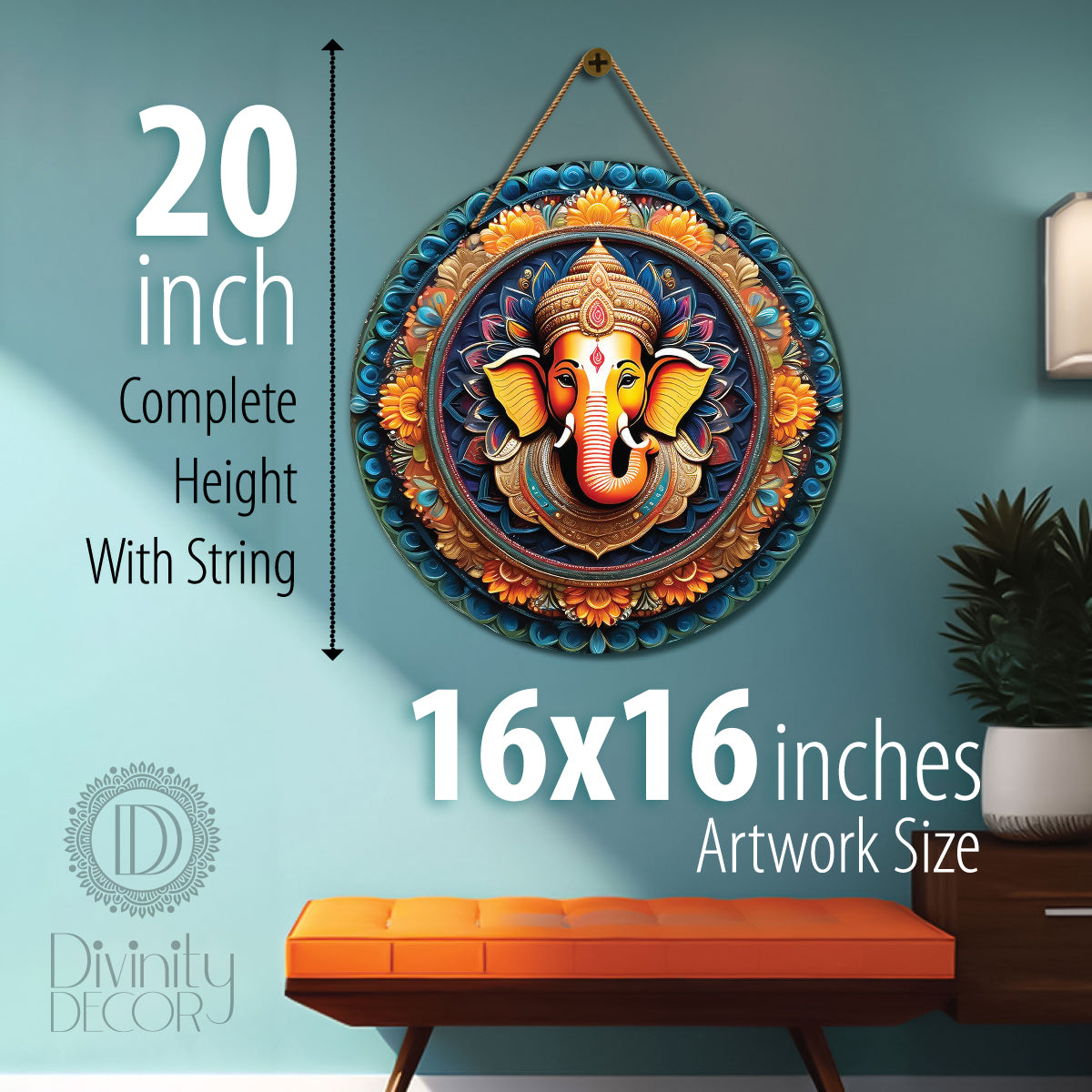 Ganesh Ji in orange and blue mandala Round Wooden Wall Hanging for wall Décor - Design - 22