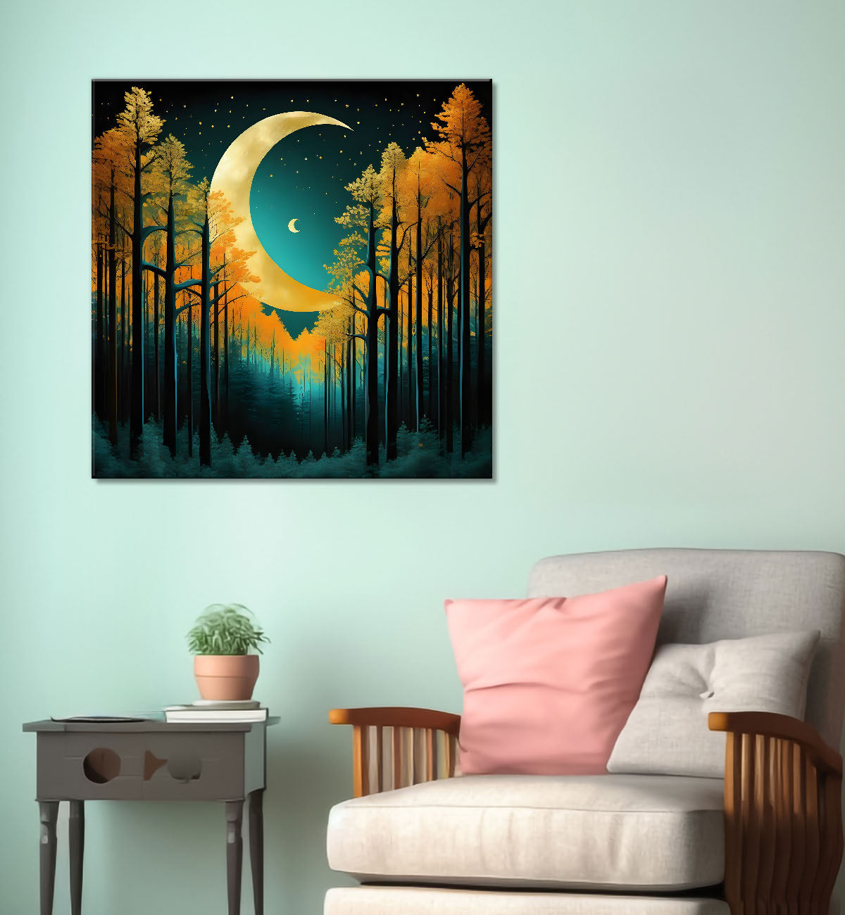 Orange tree with moon in dark green background natural art Canvas Painting 24X24- Nature Art -S-22