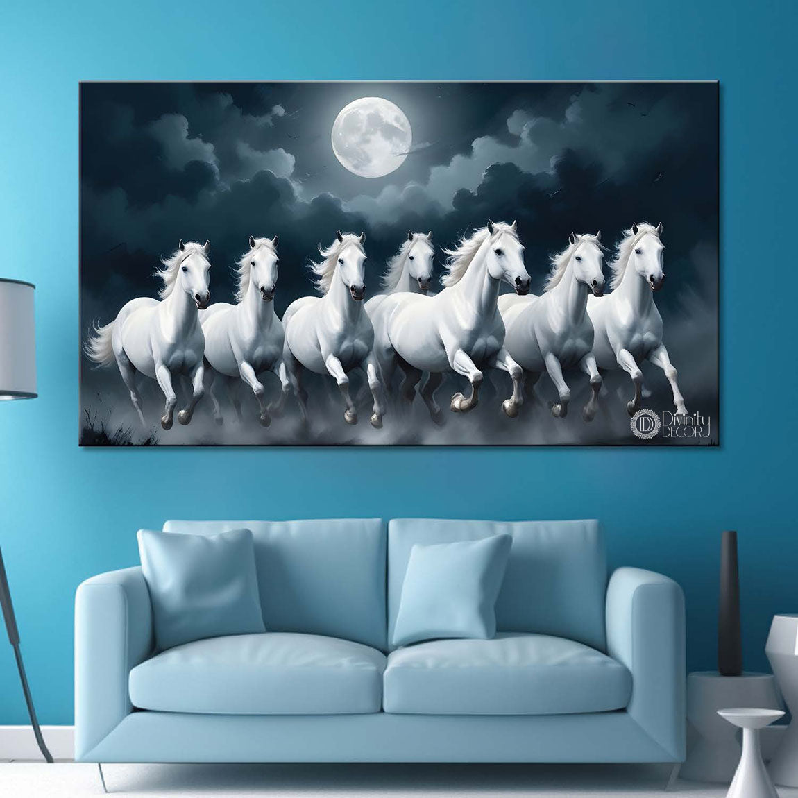 White horses running with moon in cloudy and black textured background art Canvas Painting - Design - Horse-23