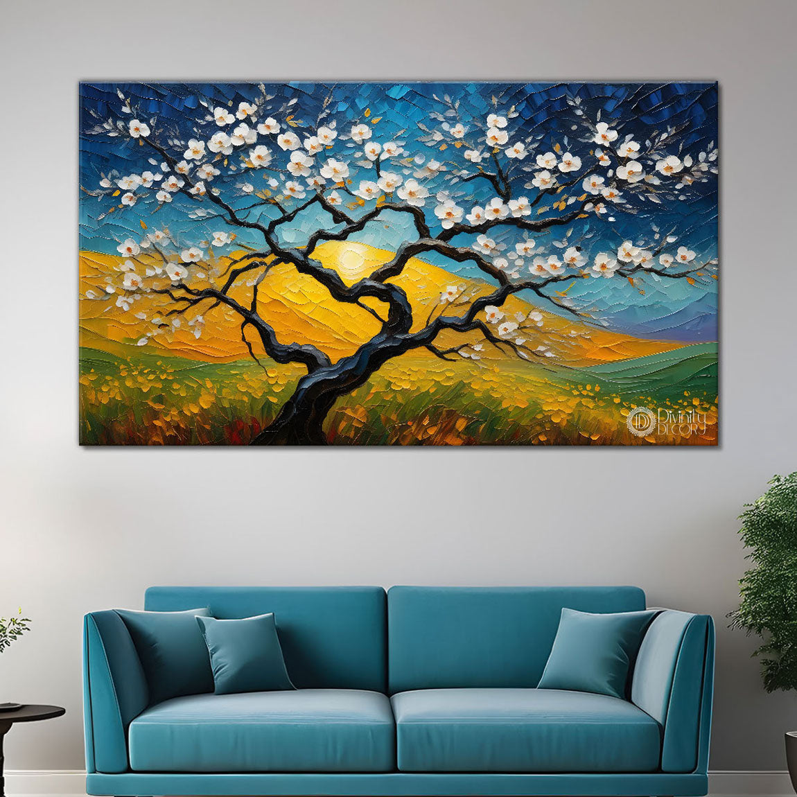 White flower tree in textured background oil painting Canvas Painting - Design - Tree-23