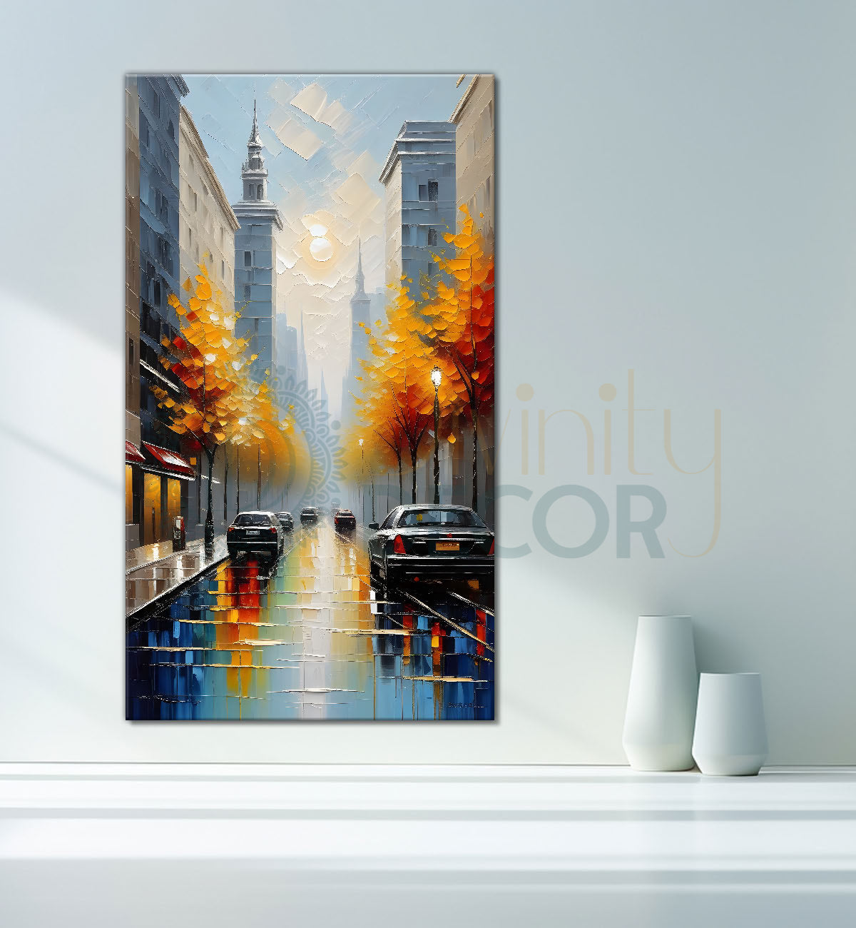 Orange trees on a road with car in a city background textured natural art Canvas Painting - Nature Art -V-23