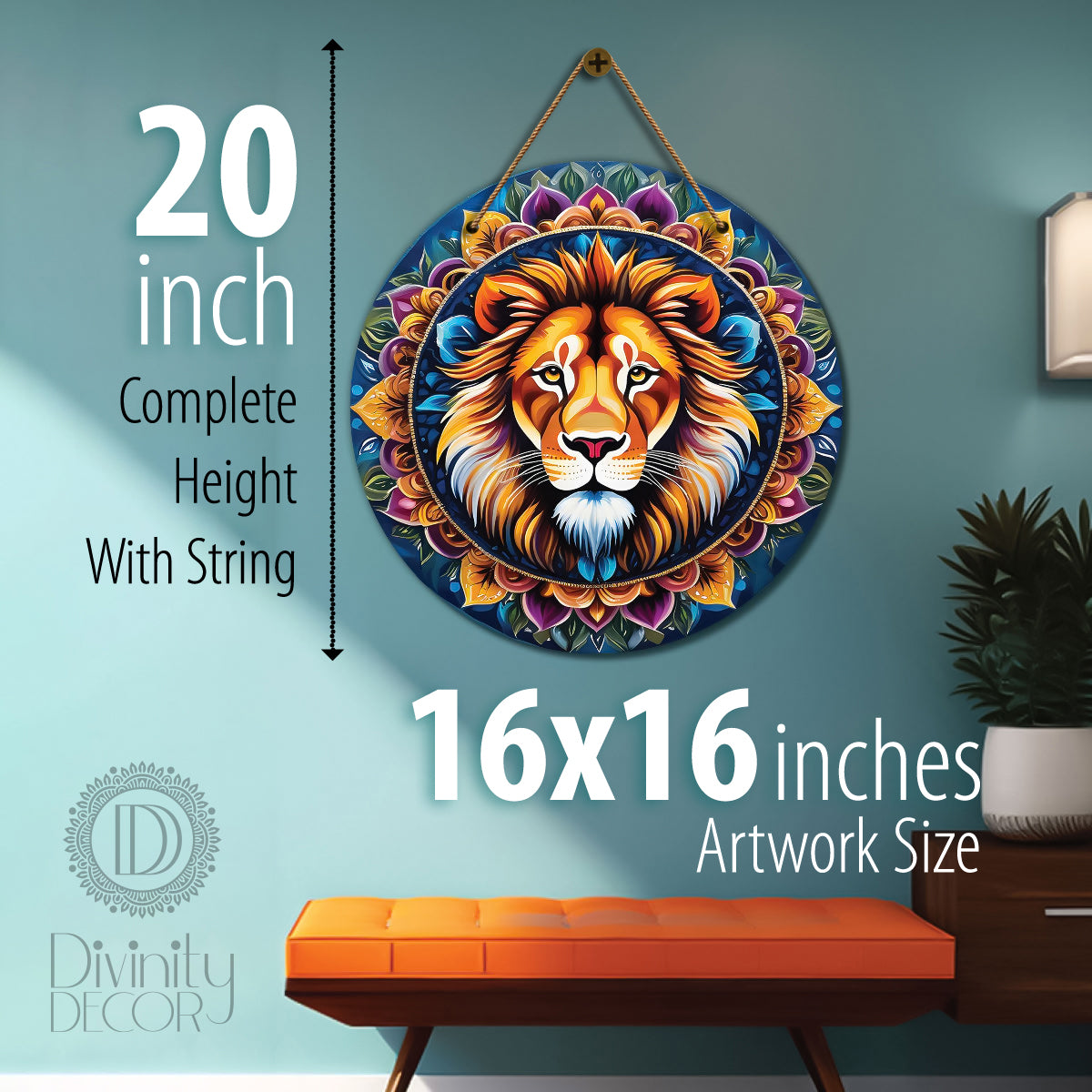 Lion in purple and blue mandala Round Wooden Wall Hanging for wall Décor - Design - 23