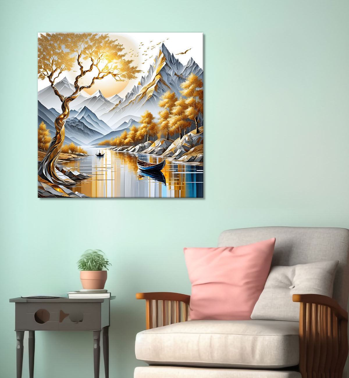 Golden tree with river and mountains in light background painting Canvas Painting 24X24 - Nature Art -S-23