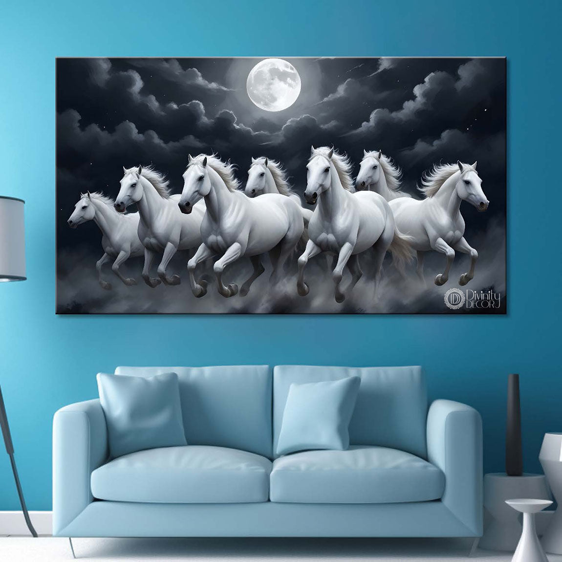 White horses running with moon in cloudy and black textured background art Canvas Painting - Design - Horse-24