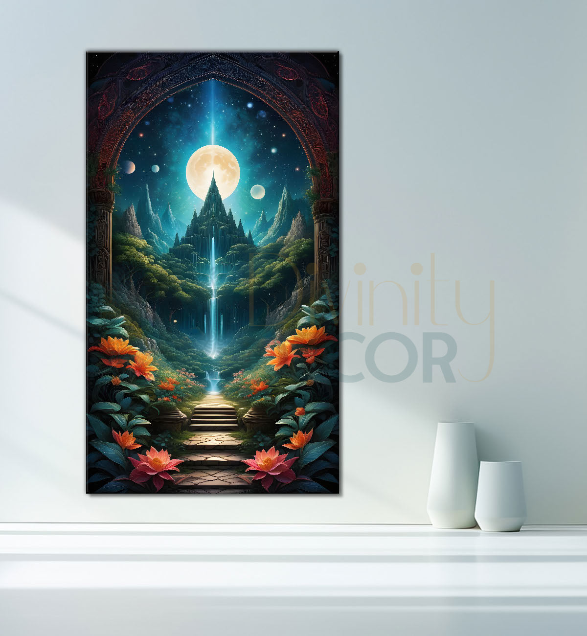 Castle in mountains in night background with the moon textured natural art Canvas Painting - Nature Art -V-24