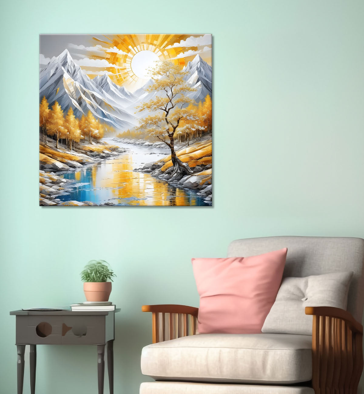 Colourful tree with lake in textured natural art painting Canvas Painting 24X24- Nature Art -S-24