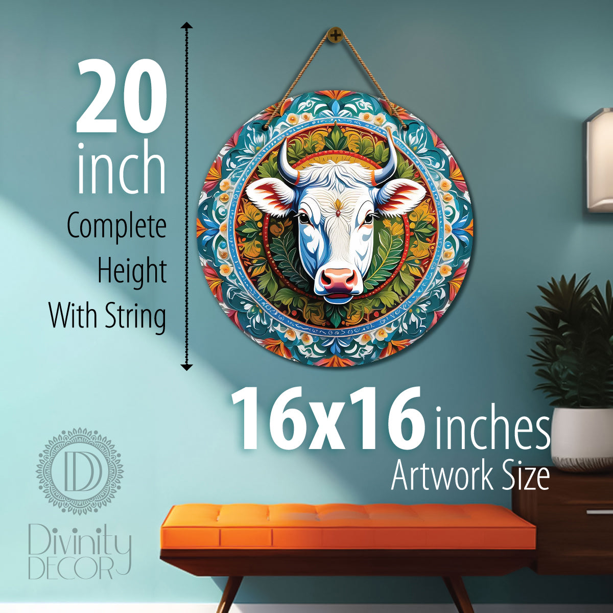 Cow in blue and orange mandala Round Wooden Wall Hanging for wall Décor - Design - 24
