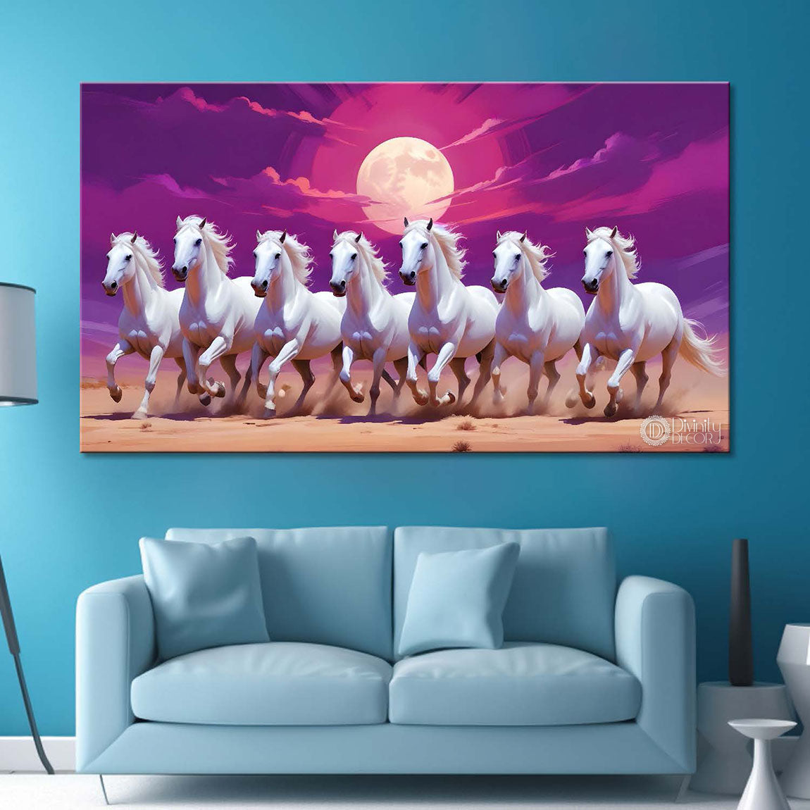 White horses running on sand with moon in purple textured background art Canvas Painting - Design - Horse-25