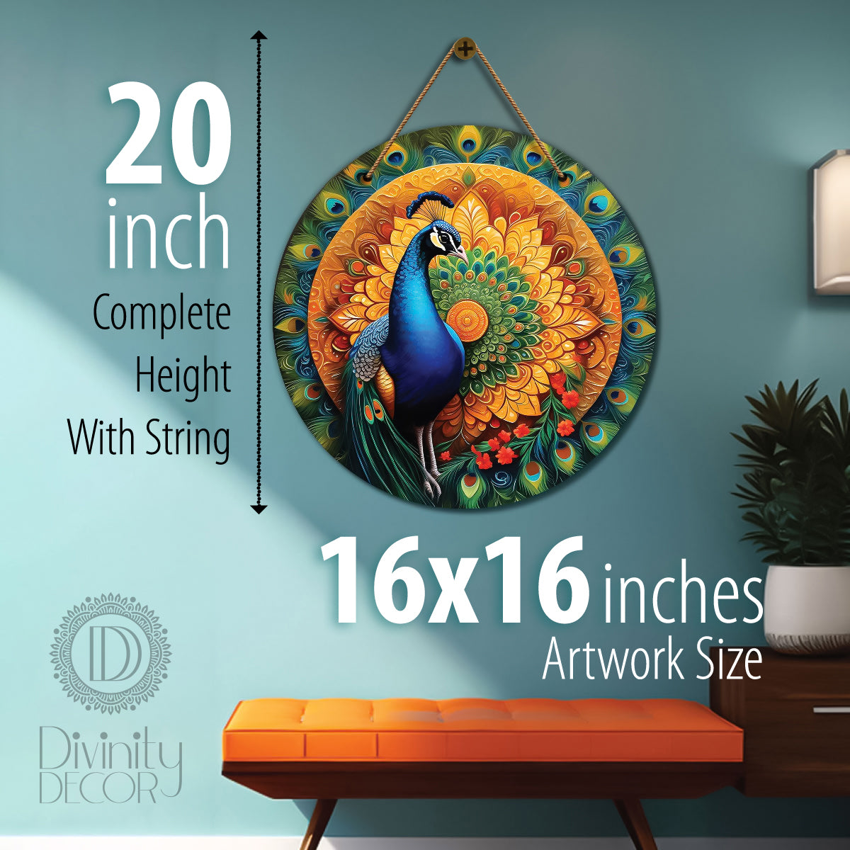 Peacock in green and mandala Round Wooden Wall Hanging for wall Décor - Design - 25