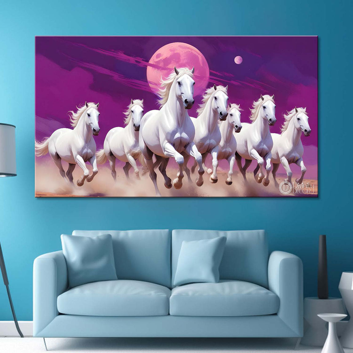 White horses running on sand with two moon in purple textured background art Canvas Painting - Design - Horse-26
