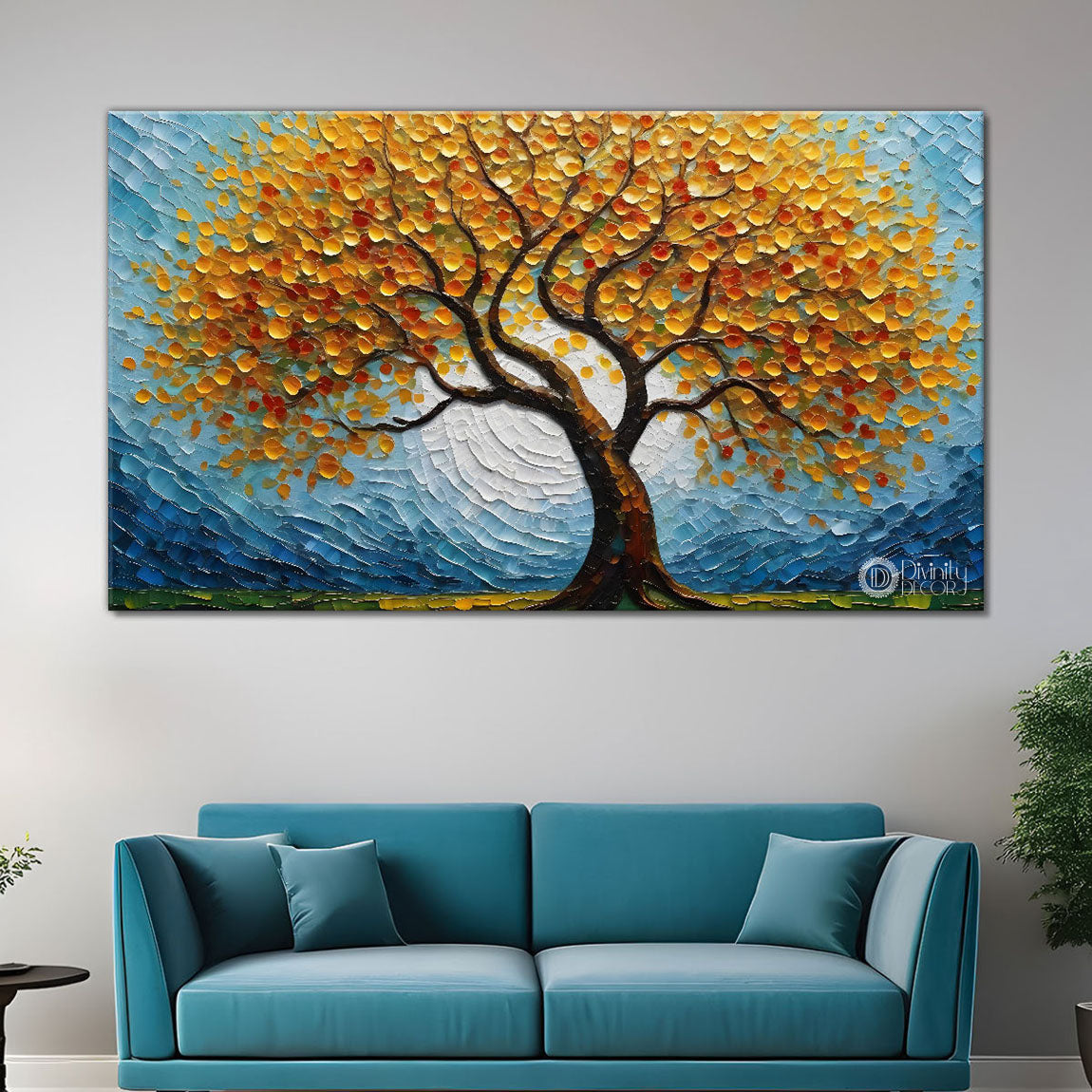 Yellow tree with blue background textured modern art Canvas Painting - Design - Tree-26