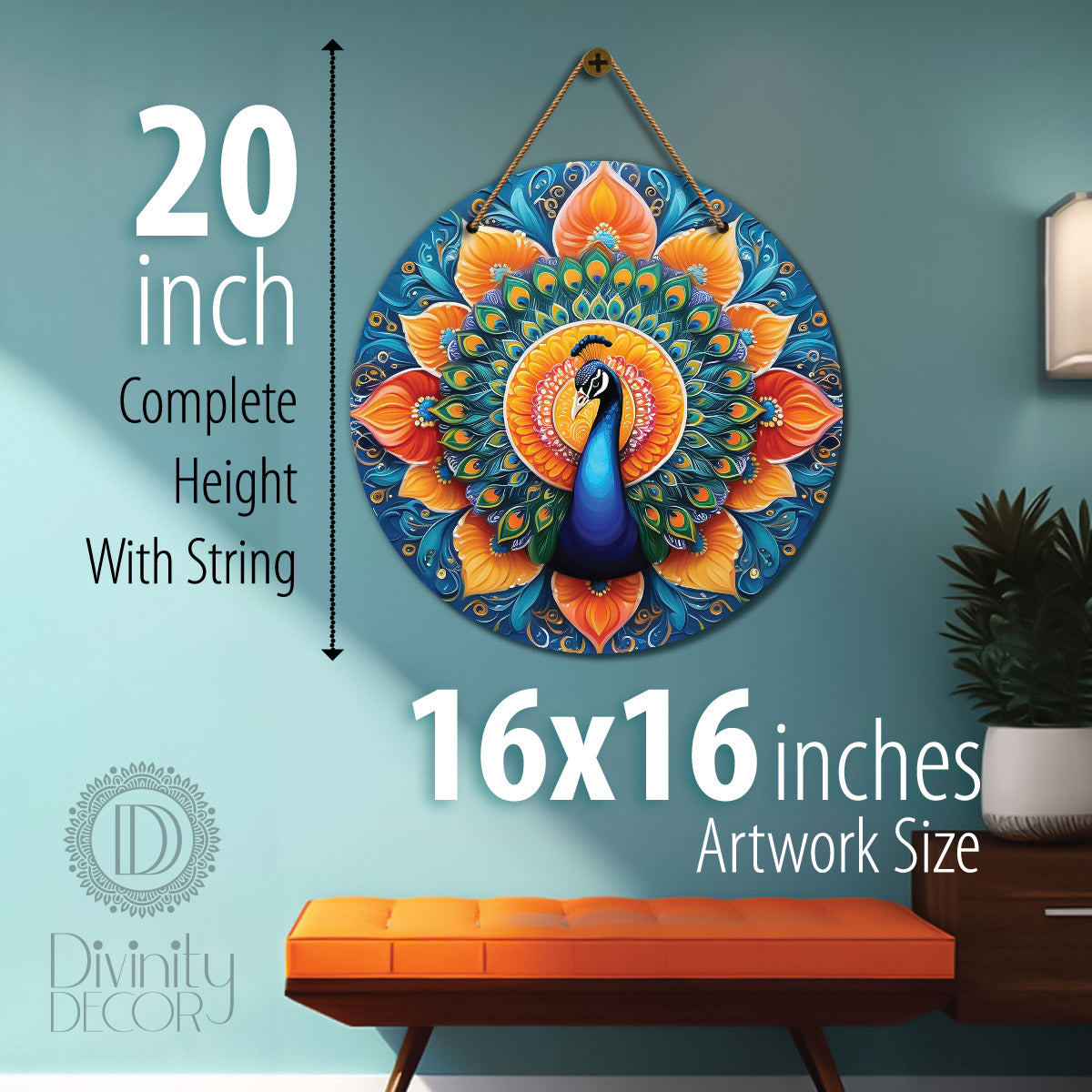 Peacock in orange and blue mandala Round Wooden Wall Hanging for wall Décor - Design - 26